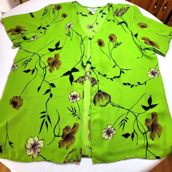Borcellini 1 Button Top  Swim Cover Up 22W S/S Green Floral Y2K Vtg Bold Coastal - Picture 2 of 6